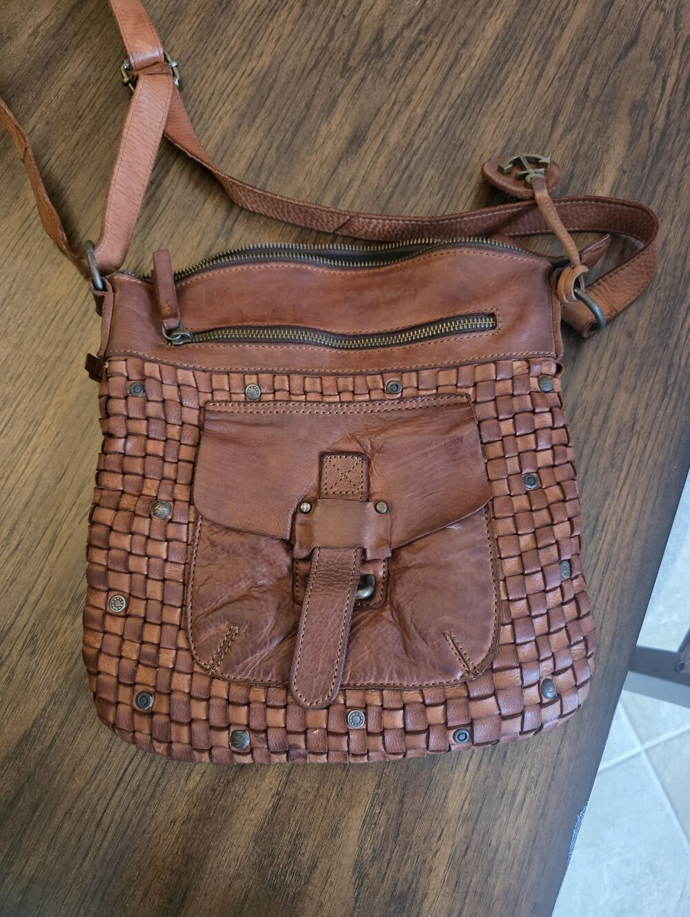 Woven Leather Crossbody Bag - Tan